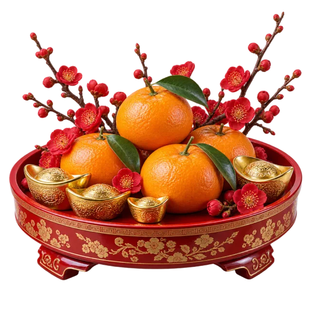 Red ornamental tray with mandarins, blossom branches and small gold-colored ingots