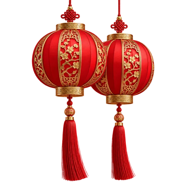 Two red and gold-colored hanging lanterns with long red tassels