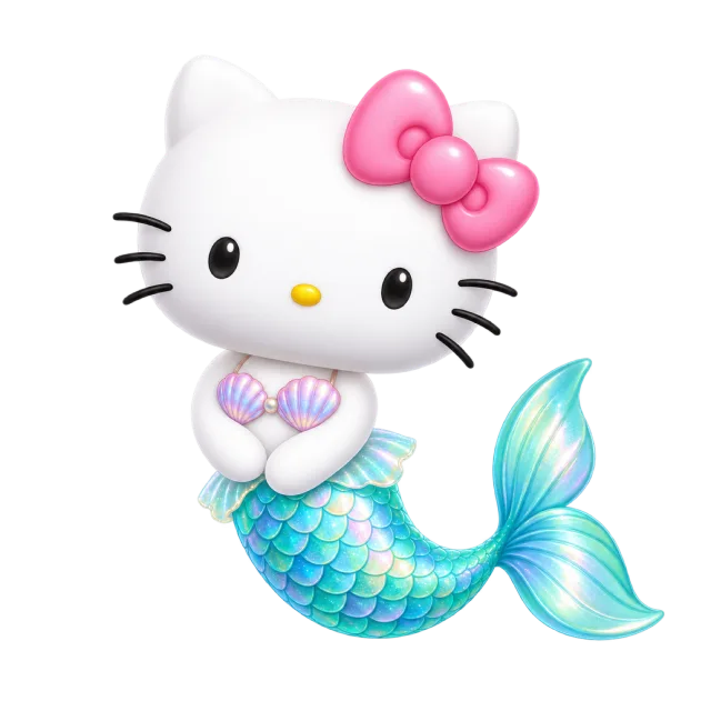 Hello Kitty with a turquoise mermaid tail, purple shell top and pink bow