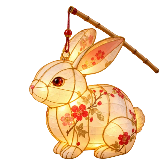 Glowing rabbit-shaped lantern with floral decorations hanging from a wooden rod