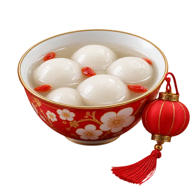 Red patterned bowl of white rice balls in pale liquid beside a small red lantern