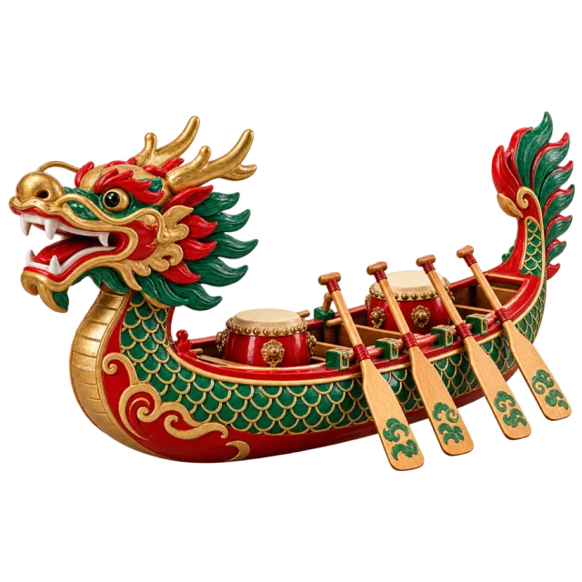 Red and green dragon-headed boat ornament with small paddles along its sides
