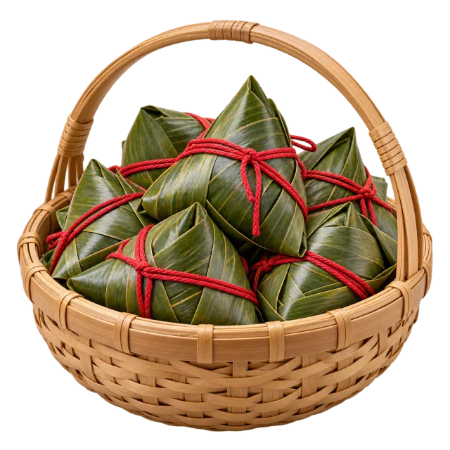 Woven handled basket filled with triangular green leaf parcels tied with red cords