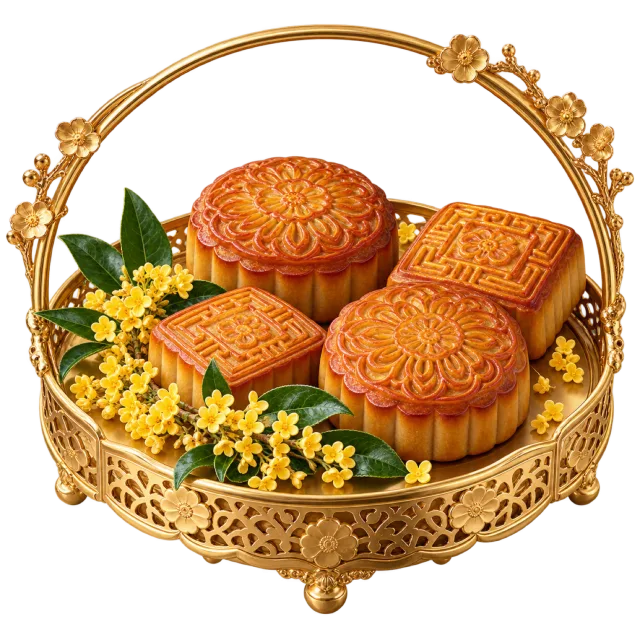 Ornate gold-colored handled tray holding patterned mooncakes and small yellow flowers