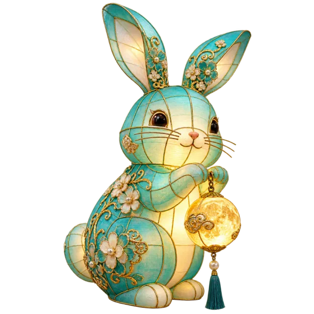 Turquoise rabbit ornament with gold-colored floral details holding a glowing round lantern
