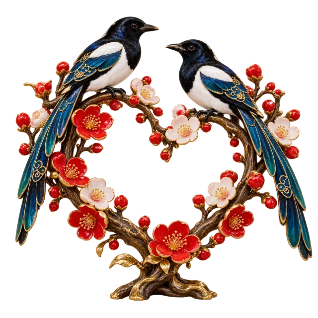 Two black and white birds perched on a circular flowering branch with red and white blossoms