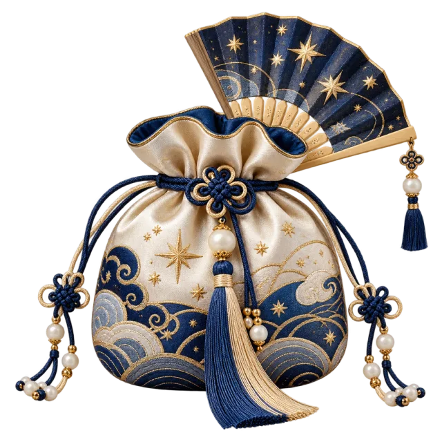 Blue and cream embroidered drawstring pouch with tassels and a dark blue folding fan