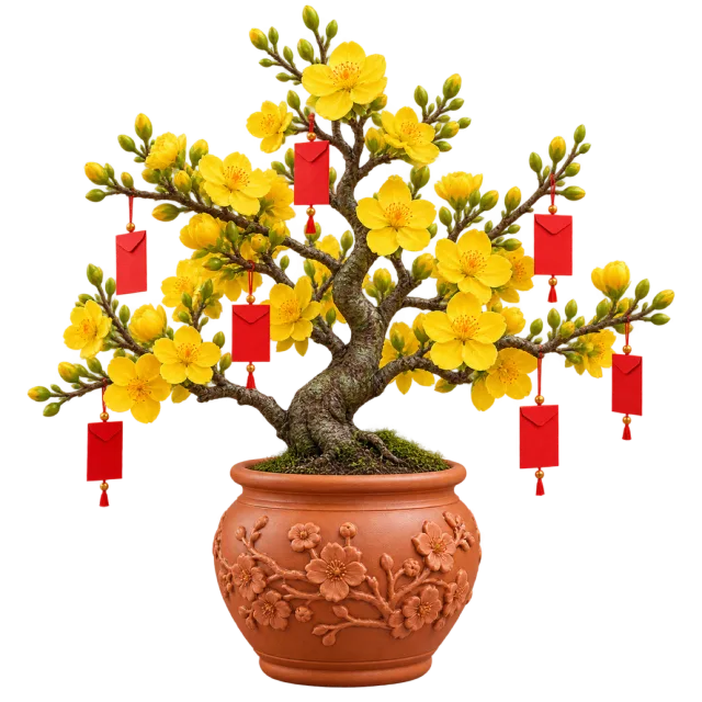 Small yellow flowering tree in a terracotta pot with hanging red envelopes