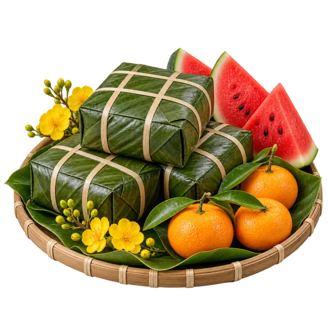 Green leaf-wrapped square parcels with watermelon slices, mandarins and yellow blossoms