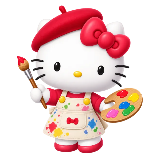Hello Kitty in a red beret and paint-splashed apron holding a brush and palette