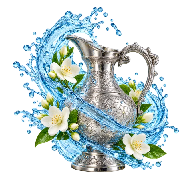 Silver-colored pitcher surrounded by a curved splash of water and white flowers