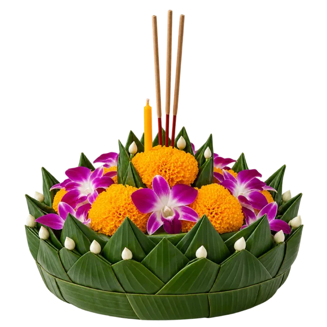 Folded green leaf basket with orange and purple flowers, a candle and incense sticks