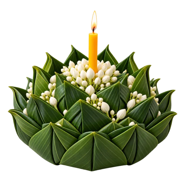 Layered green leaf arrangement with white flower buds and a lit yellow candle