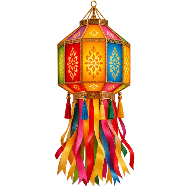 Glowing multicolored lantern with patterned panels and long colorful streamers