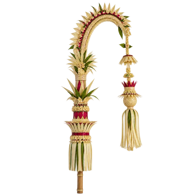 Tall curved decorative pole with woven ornaments, green leaves and hanging tassels