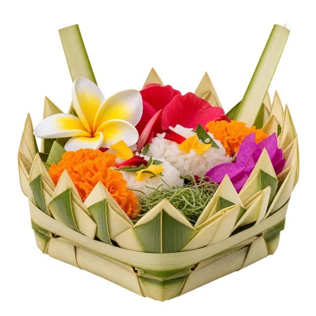 Small woven green leaf basket filled with colorful flowers and pale decorative strips