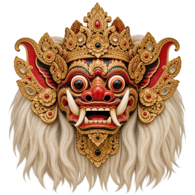 Red-faced ornamental mask with large eyes, an elaborate gold-colored crown and long pale hair