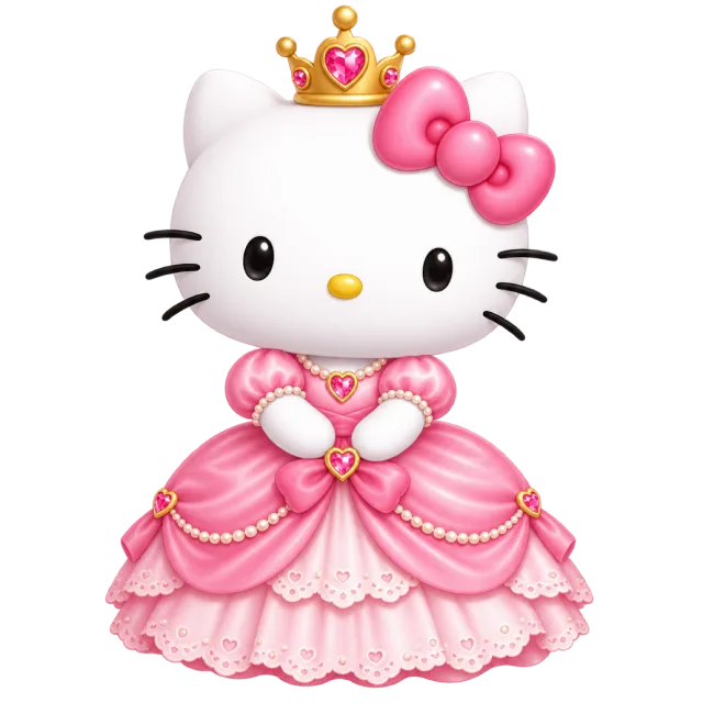 Hello Kitty wearing a gold crown and a layered pink princess gown