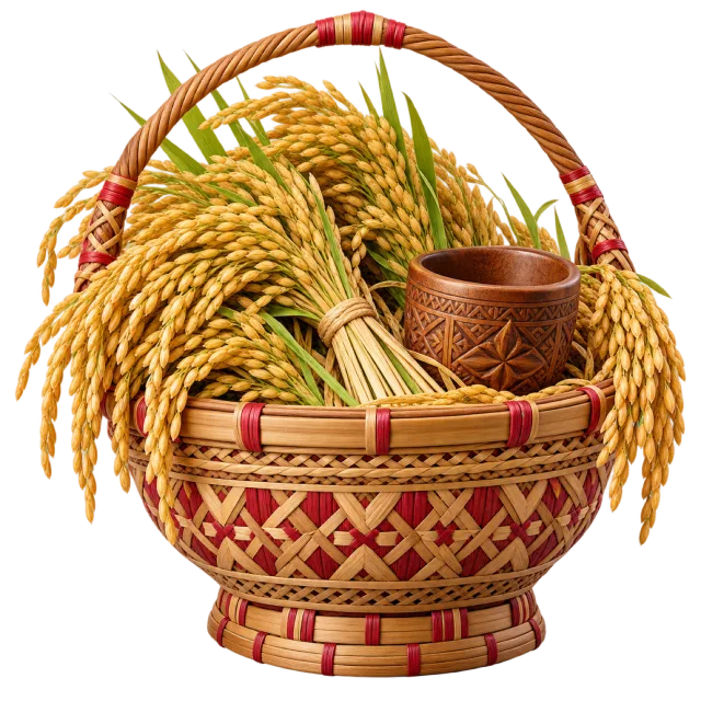 Patterned woven basket with golden rice stalks, leaves and a brown cup