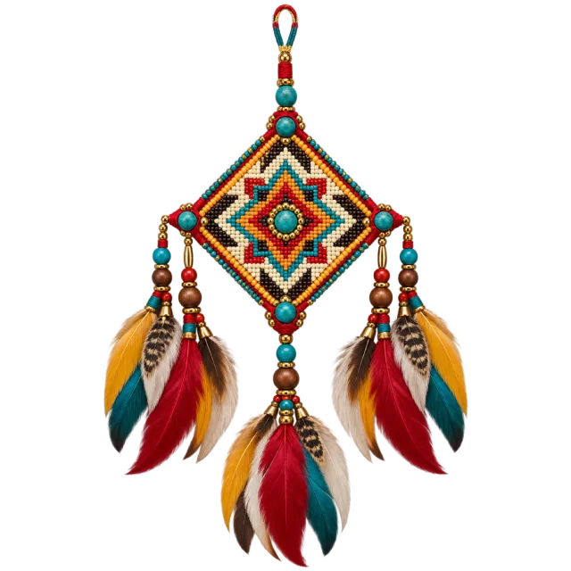 Colorful diamond-shaped hanging ornament with beads and multicolored feathers