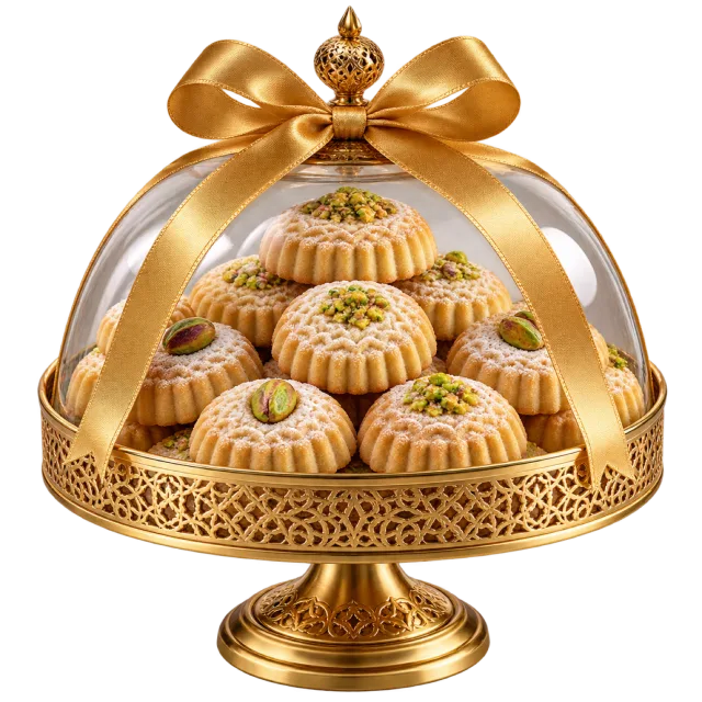 Gold-colored pedestal tray of patterned cookies under a ribbon-topped domed cover