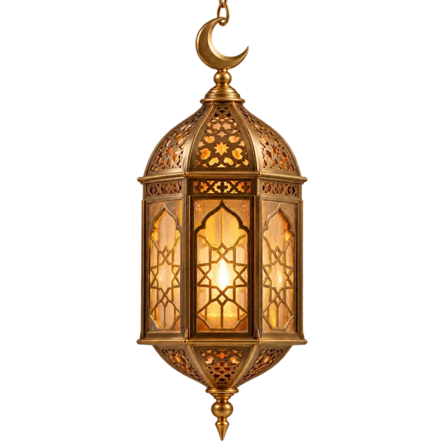 Ornate gold-colored hanging lantern with a glowing center and crescent finial