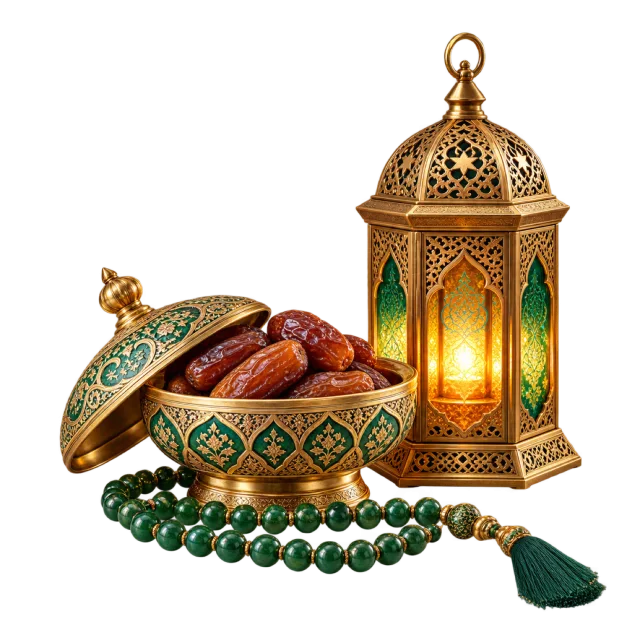Glowing lantern beside a decorated bowl of dates and green prayer beads
