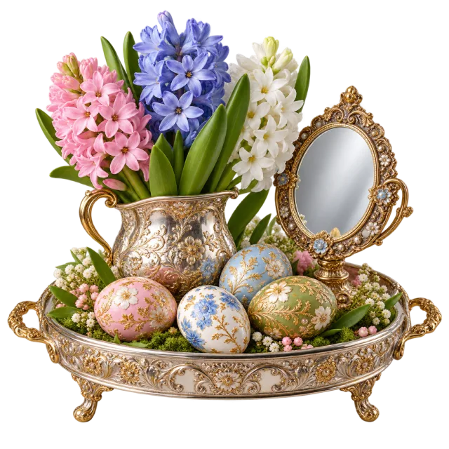 Ornate tray with spring flowers, a small mirror and pastel decorated eggs
