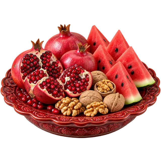 Red ornamental platter with pomegranates, watermelon slices and walnuts