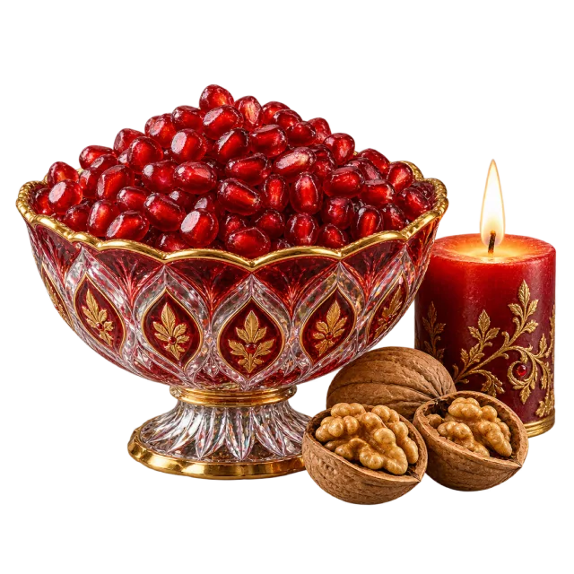 Decorated bowl filled with pomegranate seeds beside a lit red candle and walnuts