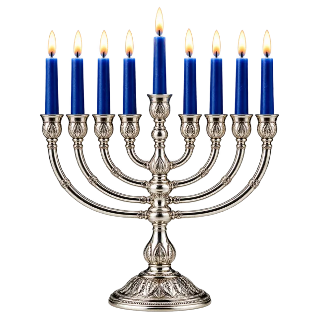 Silver-colored branched candleholder with nine lit blue candles