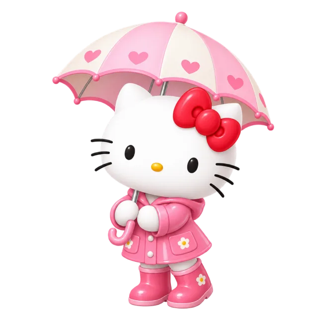 Hello Kitty wearing pink rainwear and boots beneath a pink heart-patterned umbrella