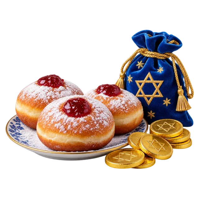 Jam-topped doughnuts beside gold-colored coins and a blue pouch with a star motif