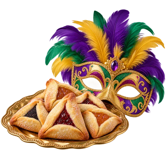 Triangular filled cookies beside a purple and gold-colored mask with bright feathers
