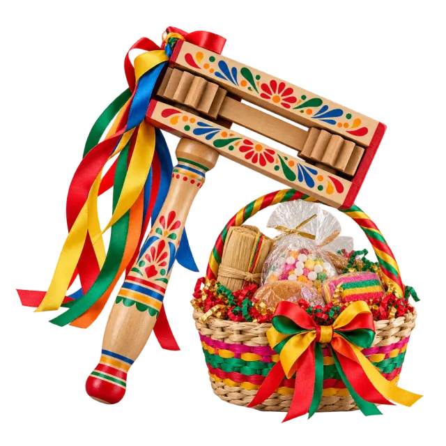 Colorfully painted wooden noisemaker beside a woven basket of treats and ribbons