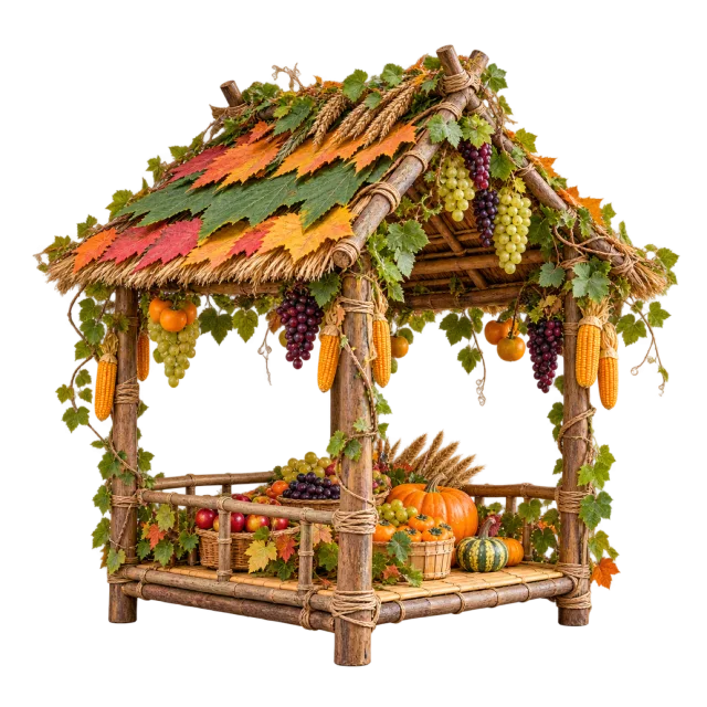 Small wooden shelter covered with leafy branches, hanging fruit and harvest decorations