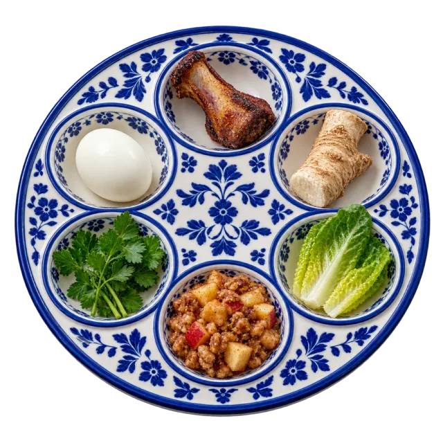 Blue and white patterned compartmented plate holding several small portions of food