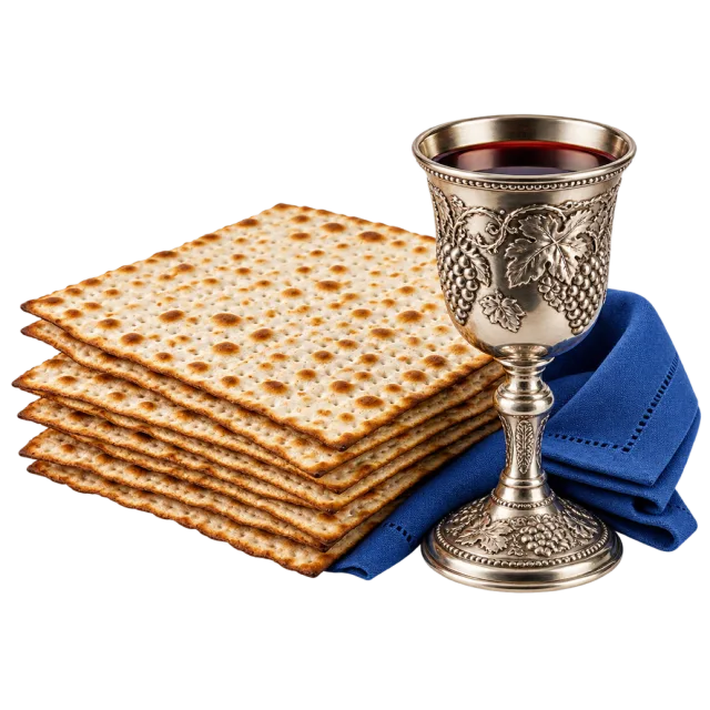 Stack of flat square crackers beside an ornate silver-colored cup and folded blue cloth