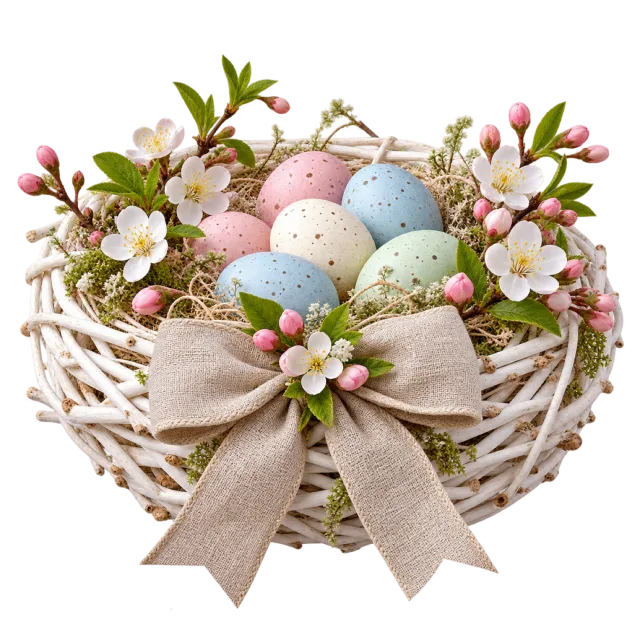 White woven basket with pastel eggs, spring blossoms and a large beige bow