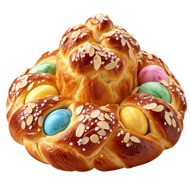 Golden braided bread ring decorated with pastel eggs and sliced almonds