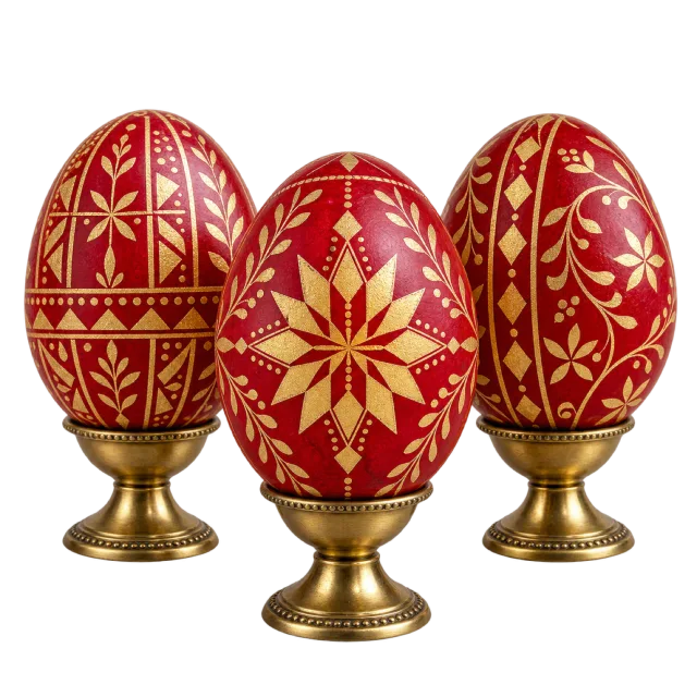 Three red eggs with gold-colored geometric patterns displayed on matching stands