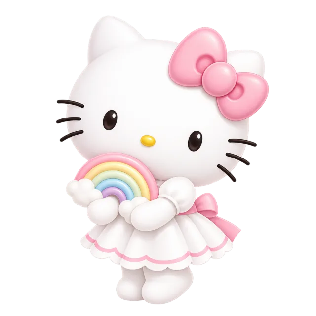 Hello Kitty in a white and pink dress holding a small pastel rainbow with clouds