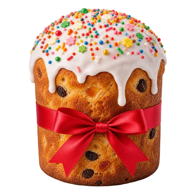 Tall round golden bread with white icing, colorful sprinkles and a red bow