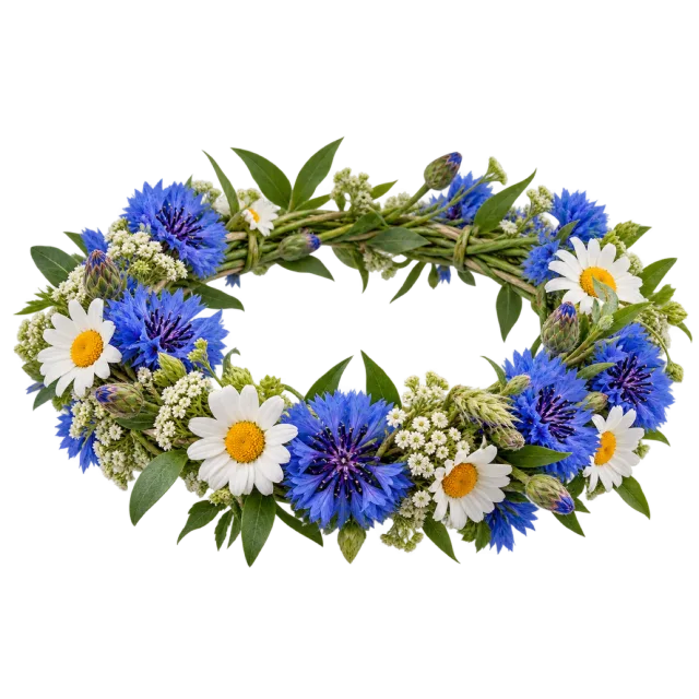 Circular wreath of blue cornflowers, white daisies and green leaves