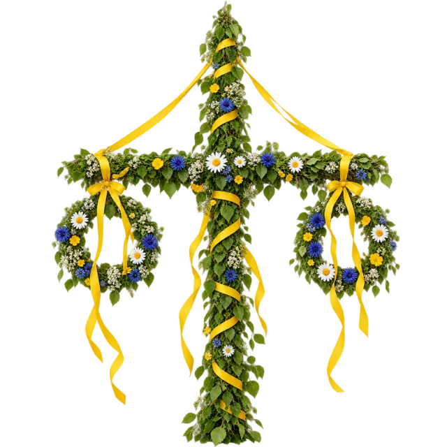 Tall pole decorated with greenery, yellow flowers, hanging wreaths and ribbons