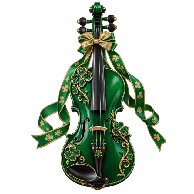 Green violin with gold-colored Celtic-style patterns and decorative ribbons