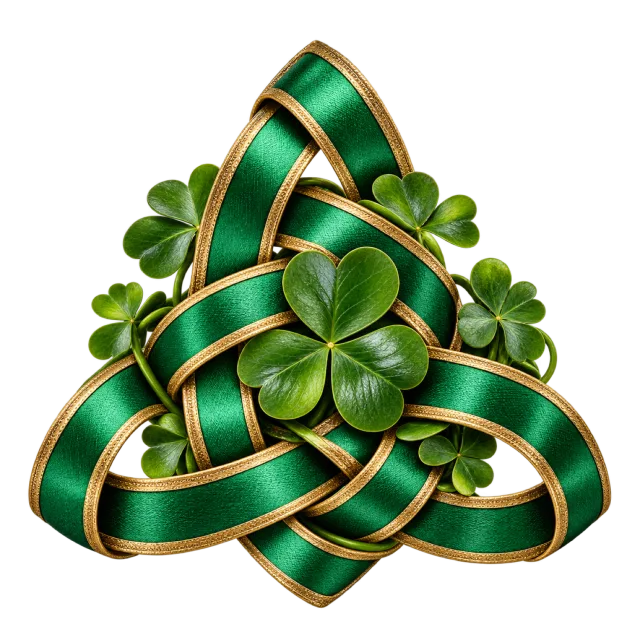 Interwoven green and gold-colored knot with shamrock leaves