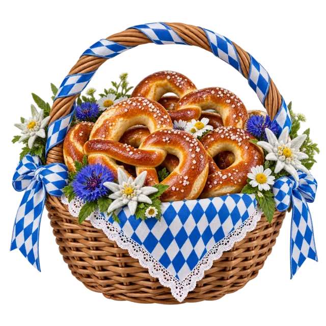 Basket of golden pretzels with blue and white diamond-patterned cloth and flowers