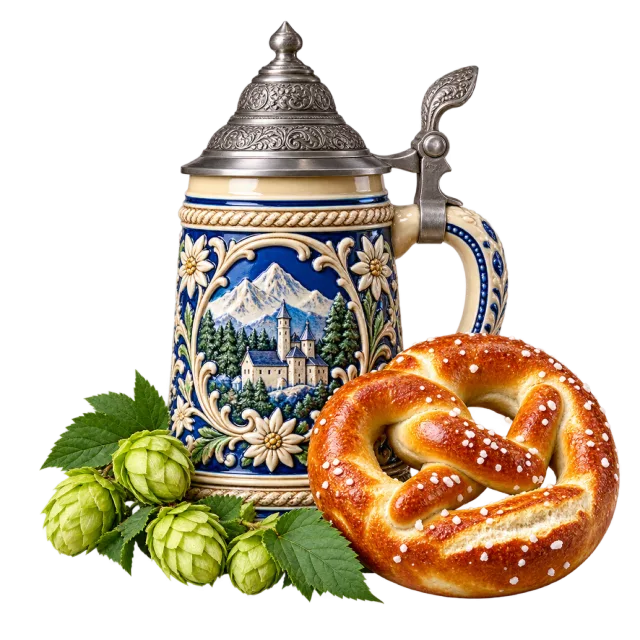 Decorated blue and cream lidded stein beside a golden pretzel and green hop cones