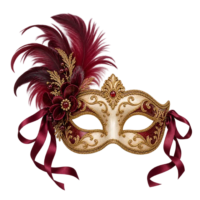 Cream and gold-colored masquerade mask with burgundy feathers, ribbon ties and jeweled details
